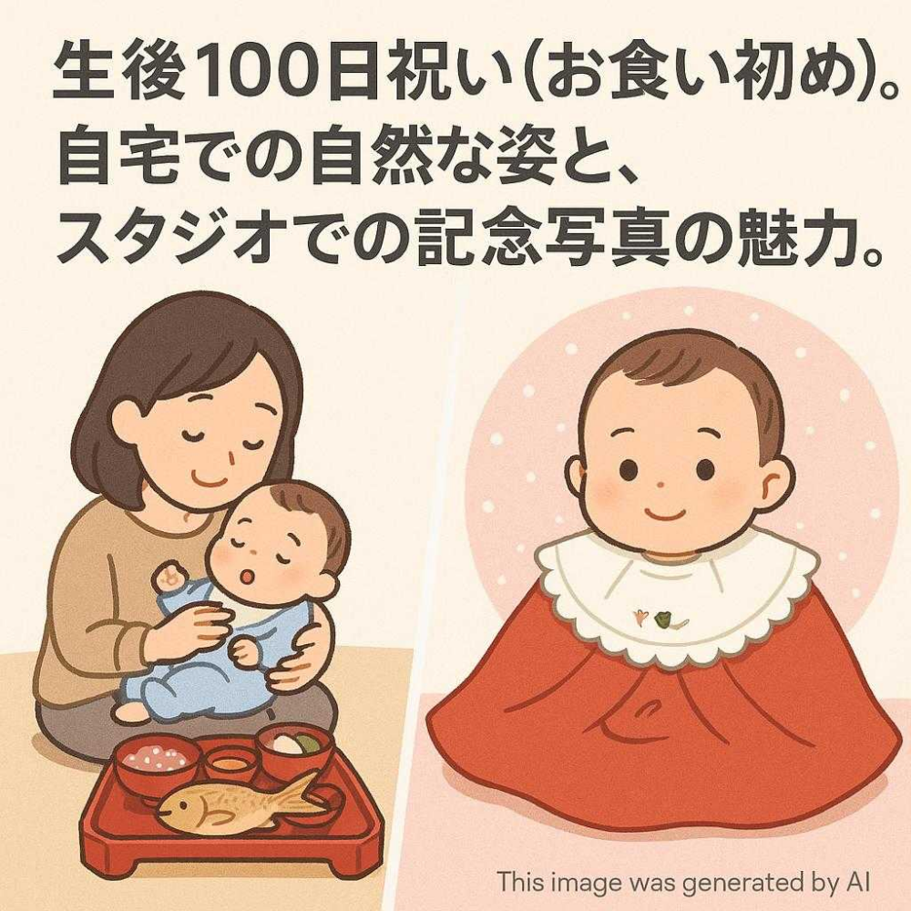 生後100日祝い（お食い初め）。自宅での自然な姿と、スタジオでの記念写真の魅力