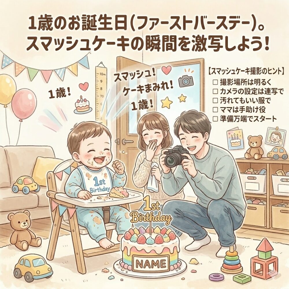 1歳のお誕生日（ファーストバースデー）。スマッシュケーキの瞬間を激写しよう！