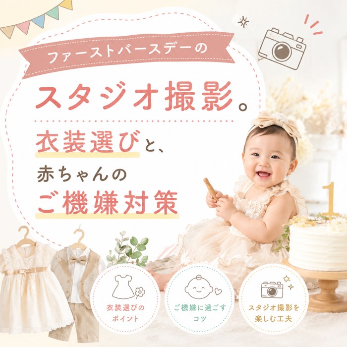 ファーストバースデーのスタジオ撮影。衣装選びと、赤ちゃんのご機嫌対策