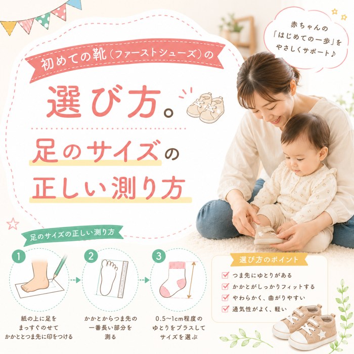 初めての靴（ファーストシューズ）の選び方。足のサイズの正しい測り方