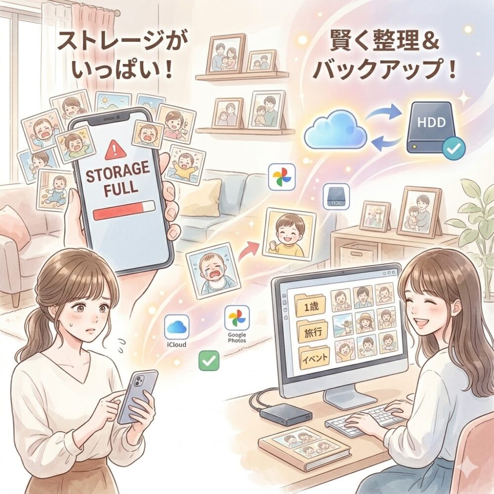 スマホの容量パンパン問題！子どもの写真の賢い整理術とバックアップ方法